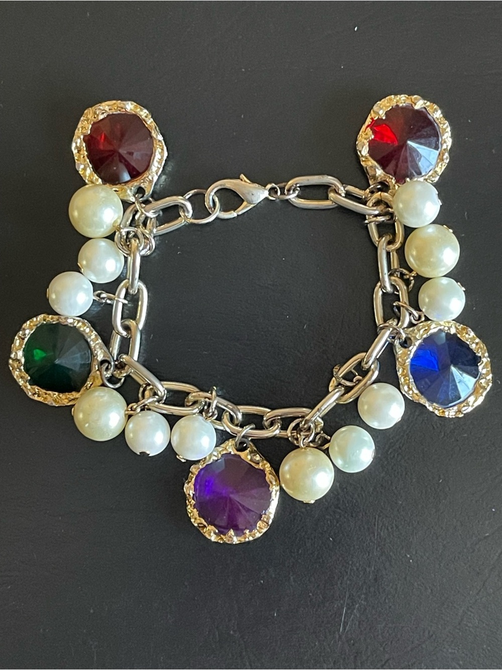 Vintage Multi-Color Crystal & Faux Pearl Charm Bracelet.